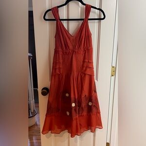 ANTHROPOLOGIE FLOREAT Vintage Rust Red Orange Midi Dress Silk Floral Embroidery